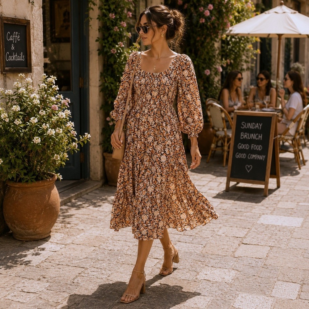 Cleobella Nova Floral Woodblock Print Midi Dress Cream Square Neck Puff Sleeve S